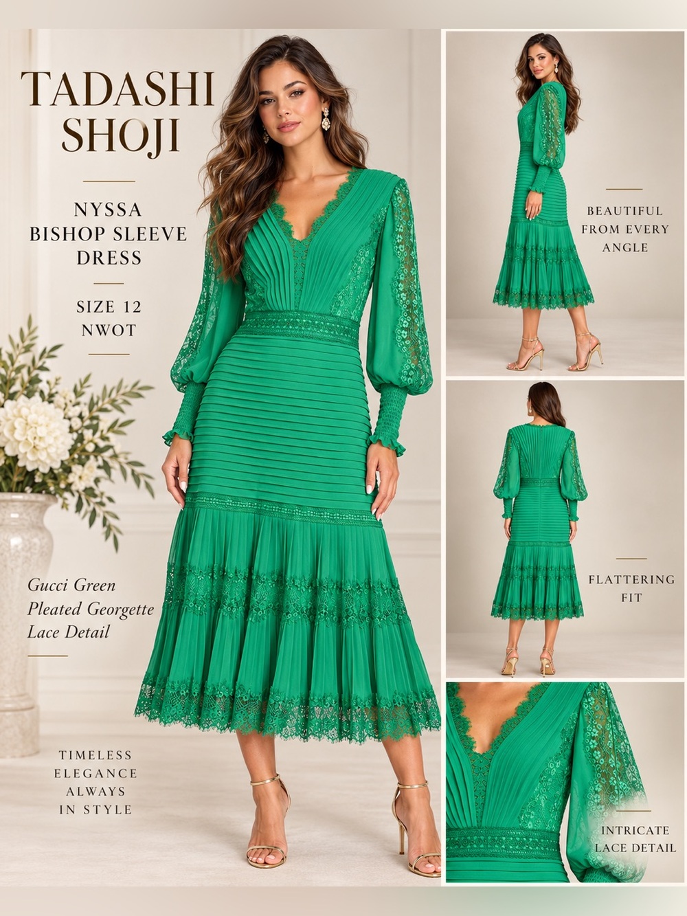 Tadashi Shoji Nyssa Gucci Green Lace Pleated Midi Dress Size 12 NWOT